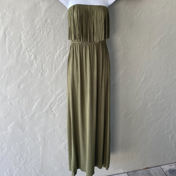 POL ARMY GREEN HALTER LONG FRINGE MIDI DRESS SMALL - Picture 2 of 4